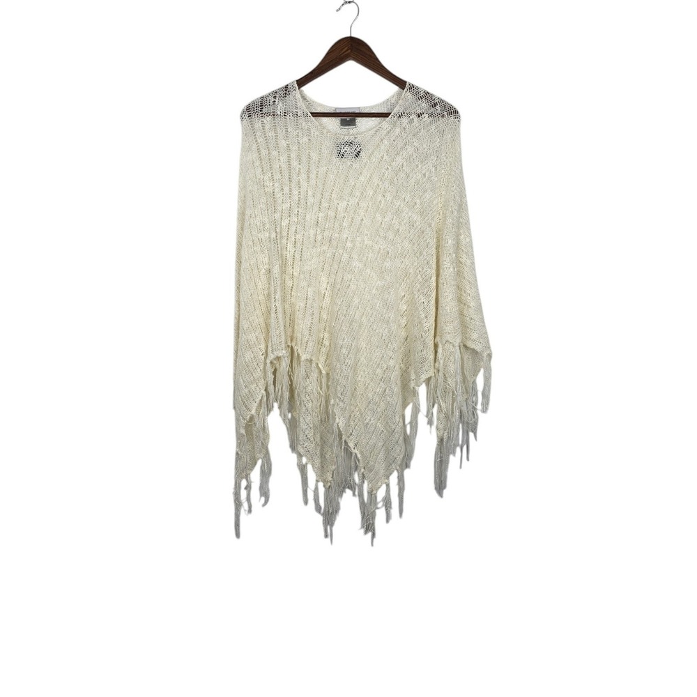 Avenue Poncho Sweater Women OS Ivory Acrylic Boho Fringe Open Knit Summer Resort